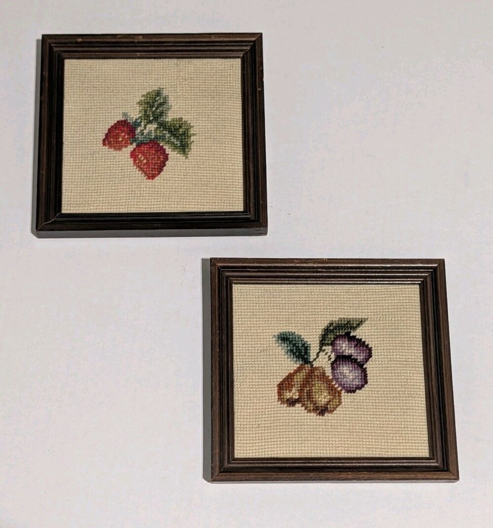 Vintage Framed Fruit Needlepoint Cross Stitch Set 2 Fruit Strawberry Plum 7 x 7
